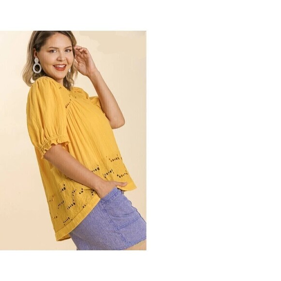 Umgee New Mustard Eyelet Floral Embroidered Boho Short Sleeve Top M - Picture 2 of 10